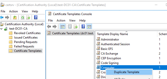 Duplicate computer certificate template