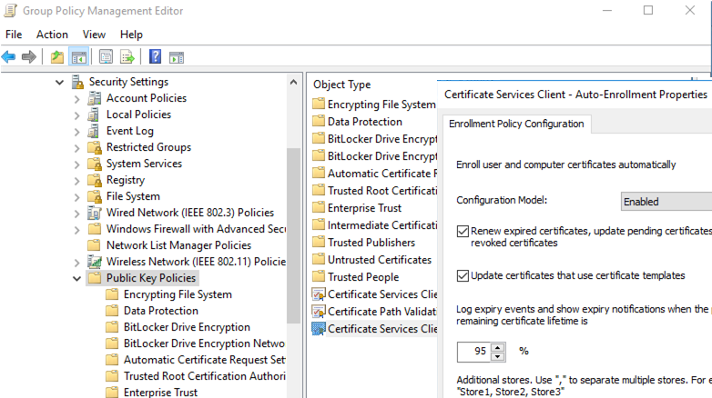 RDP certificate auto enrollment group policy setting